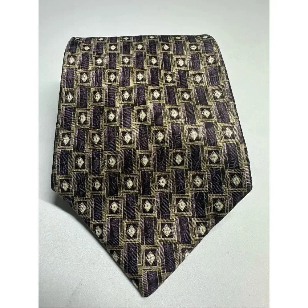 ROUNDTREE YORKE US MADE BEIGE PURPLE GOLD Shapes Silk Necktie Ties